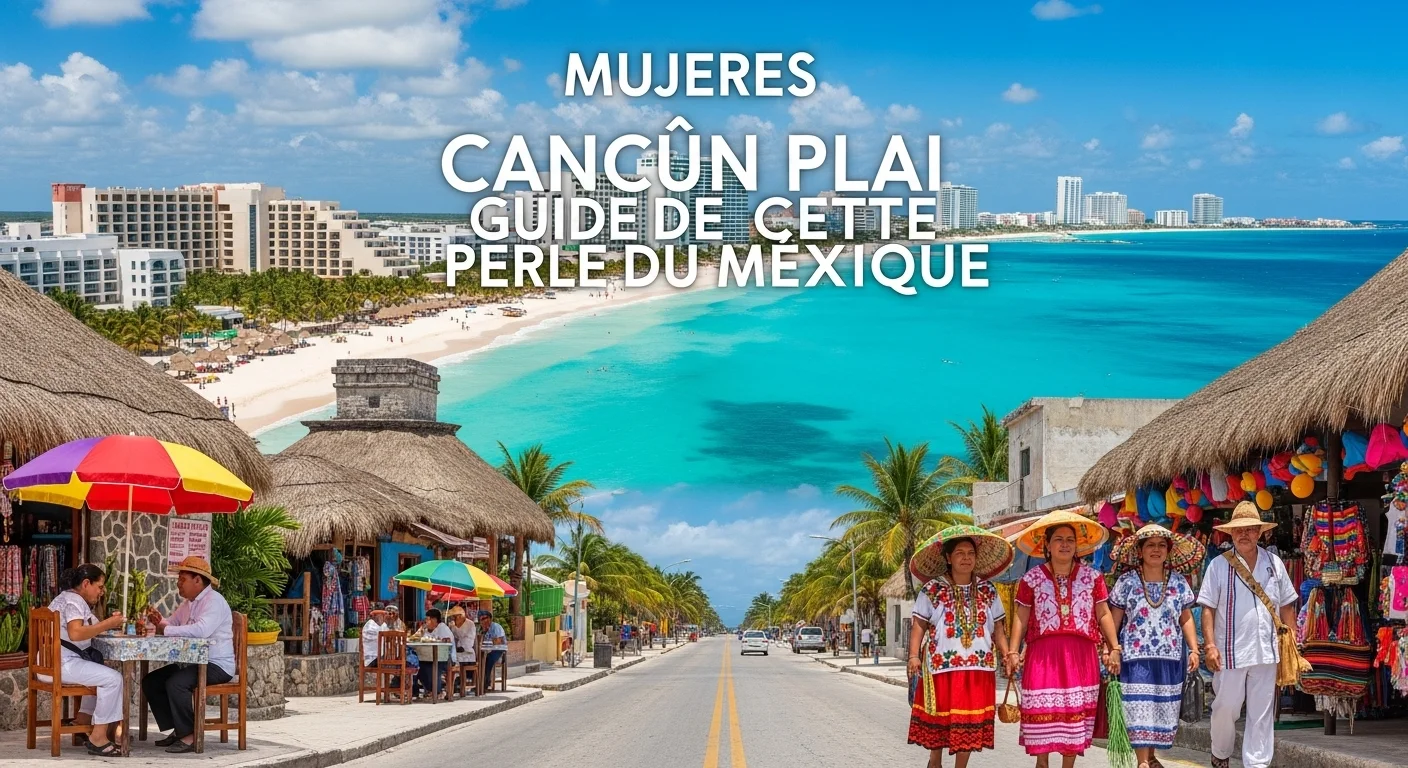 Paisaje mexicano moderno con elementos culturales y turísticos sobre Mujeres Cancun Plai