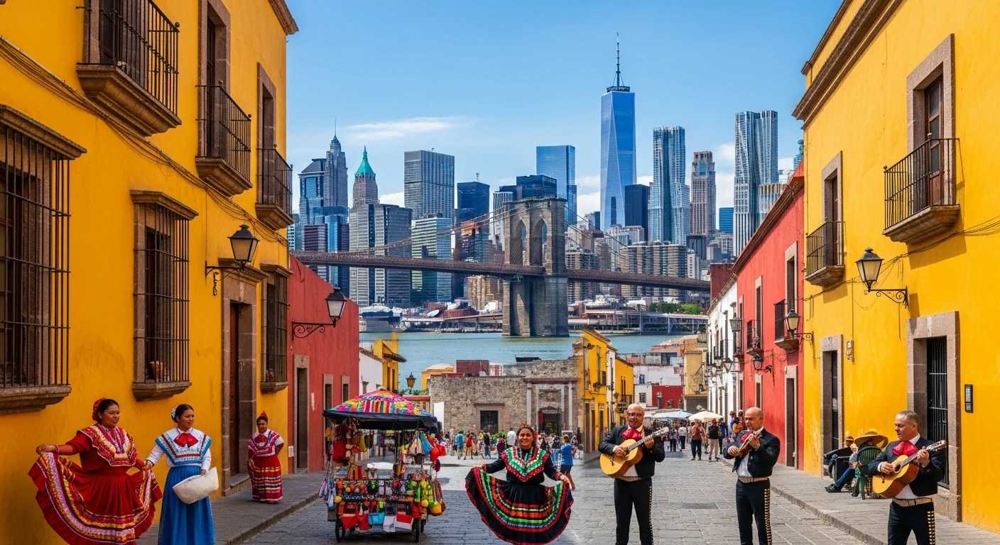 Paysage mexicain moderne avec éléments culturels et touristiques sur New York