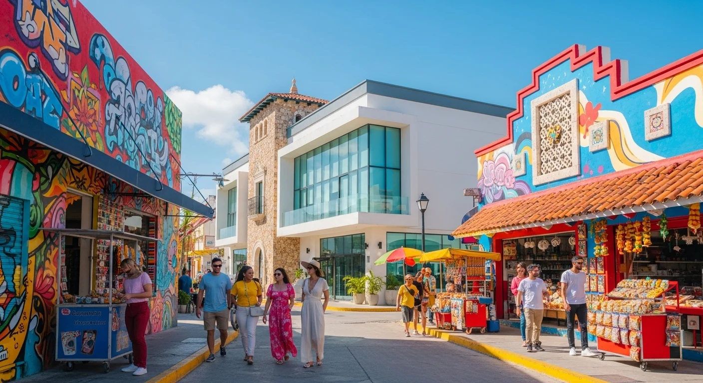 Paisaje mexicano moderno con elementos culturales y turísticos sobre Occidental Cozumel