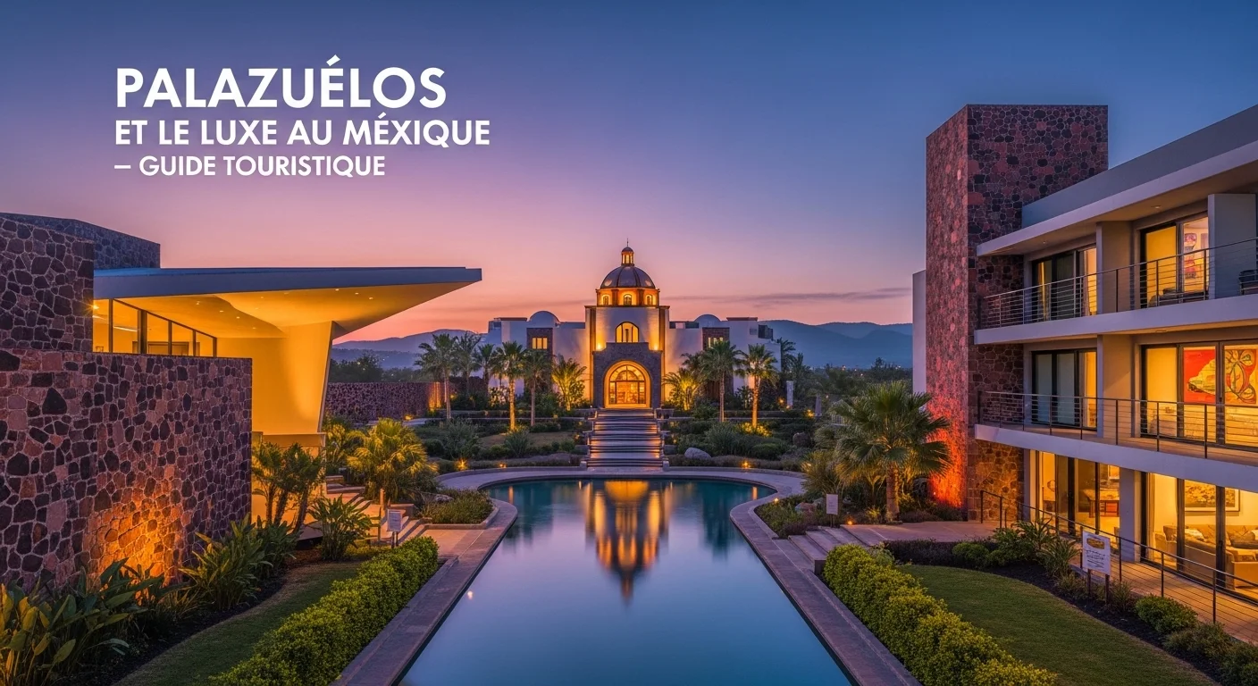 Paisaje mexicano moderno con elementos culturales y turísticos sobre Palazuelos