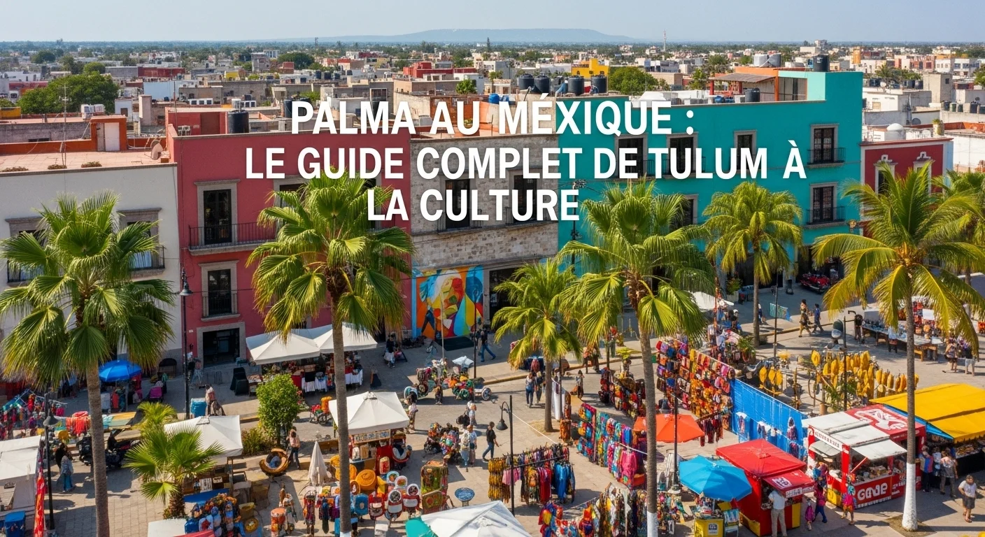 Paisaje mexicano moderno con elementos culturales y turísticos sobre Palma