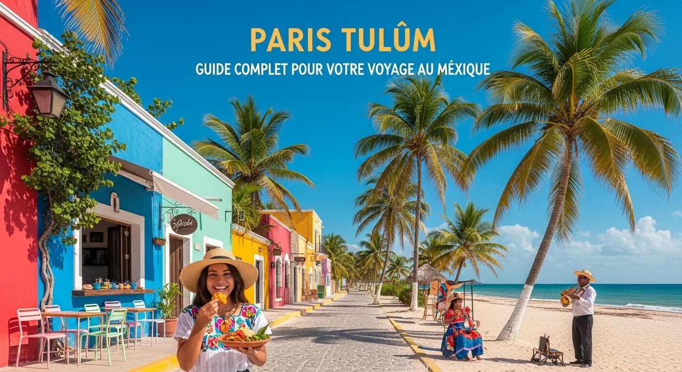 Paisaje mexicano moderno con elementos culturales y turísticos sobre Paris Tulum