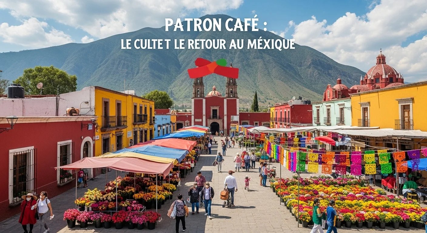 Paisaje mexicano moderno con elementos culturales y turísticos sobre Patron Cafe
