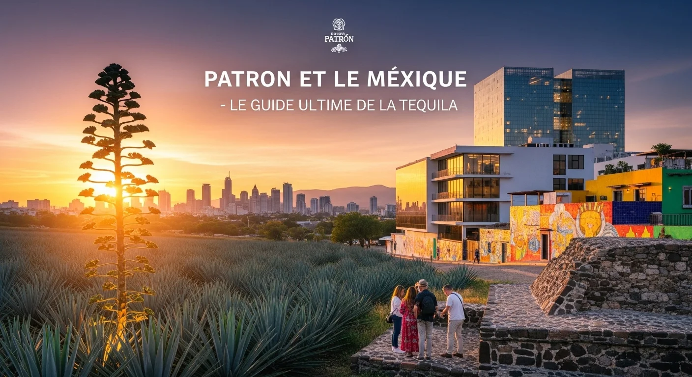 Paisaje mexicano moderno con elementos culturales y turísticos sobre Patron