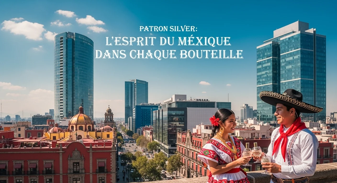 Paisaje mexicano moderno con elementos culturales y turísticos sobre Patron Silver