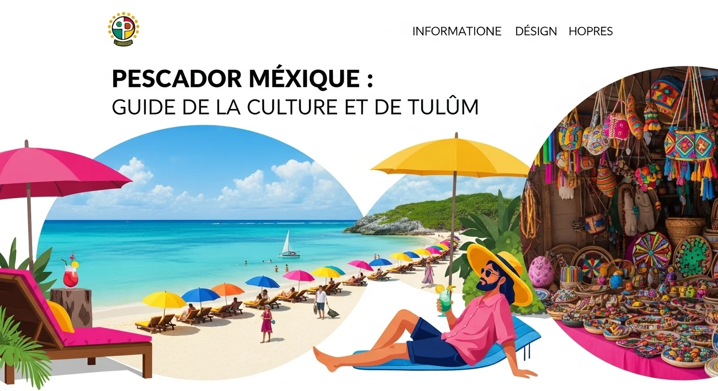 Paisaje mexicano moderno con elementos culturales y turísticos sobre Pescador