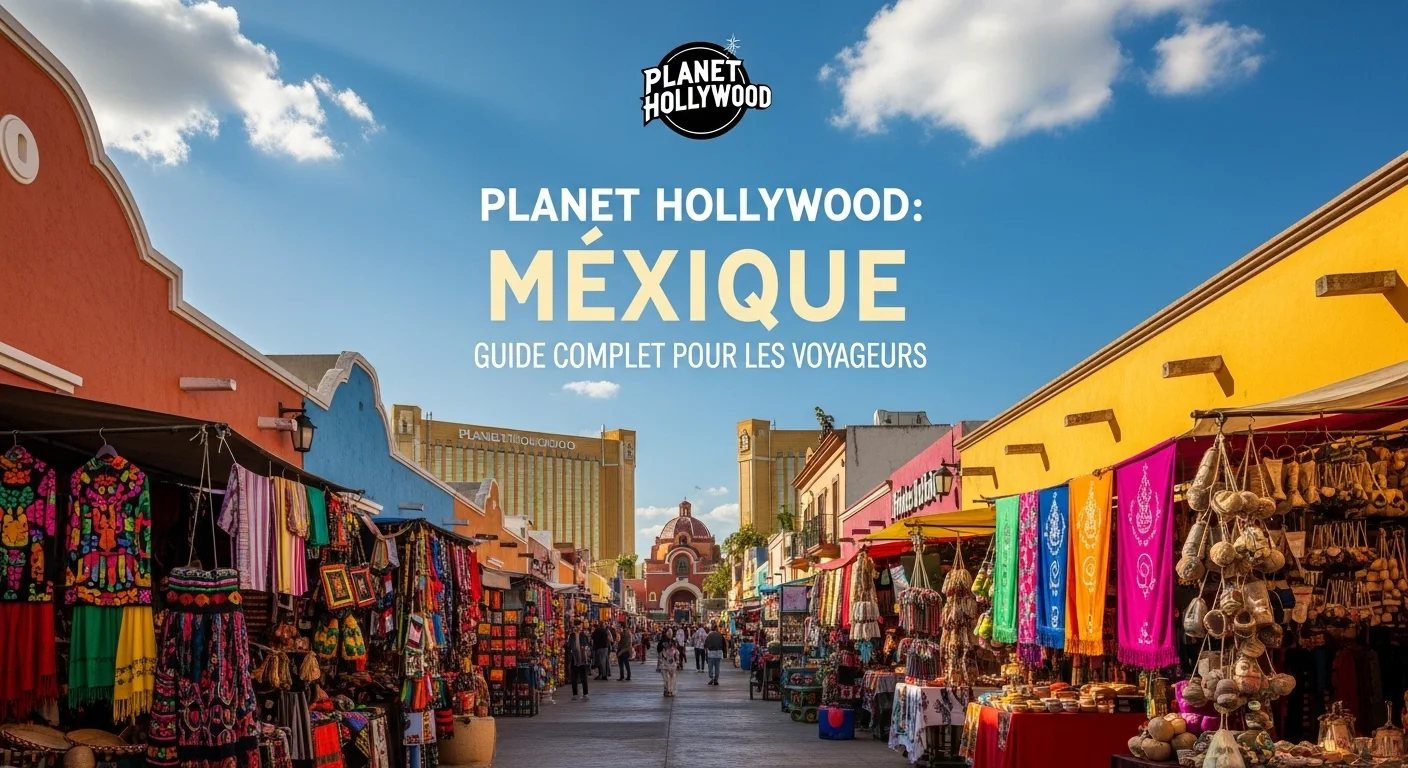 Paisaje mexicano moderno con elementos culturales y turísticos sobre Planet Hollywood
