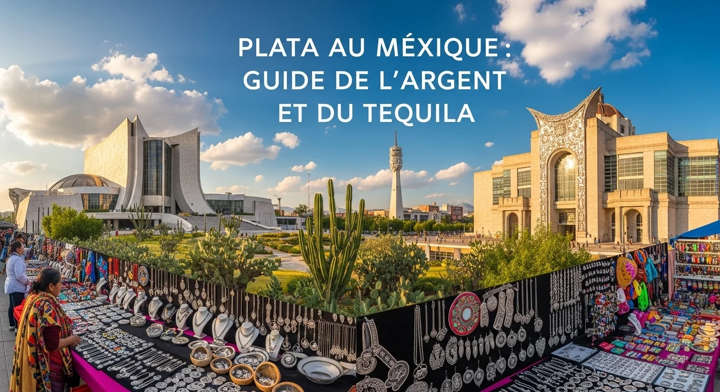 Paisaje mexicano moderno con elementos culturales y turísticos sobre Plata