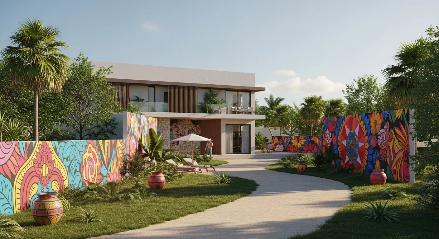 Paysage mexicano moderne avec éléments culturels et touristiques sur Posada