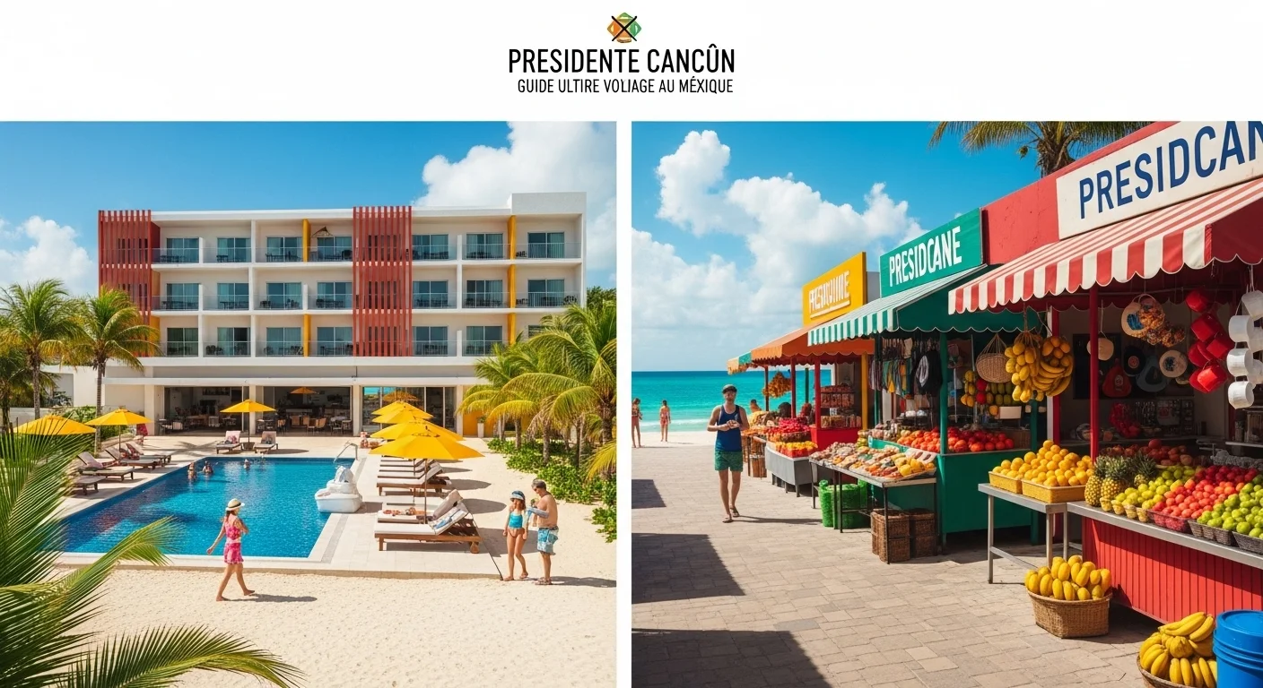 Paysage mexicain moderne avec éléments culturels et touristiques sur Presidente Cancun