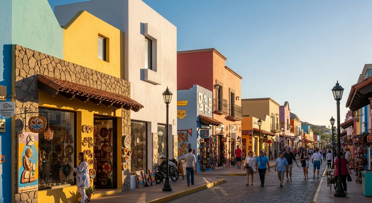 Paisaje mexicano moderno con elementos culturales y turísticos sobre Pueblo Bonito Cabo