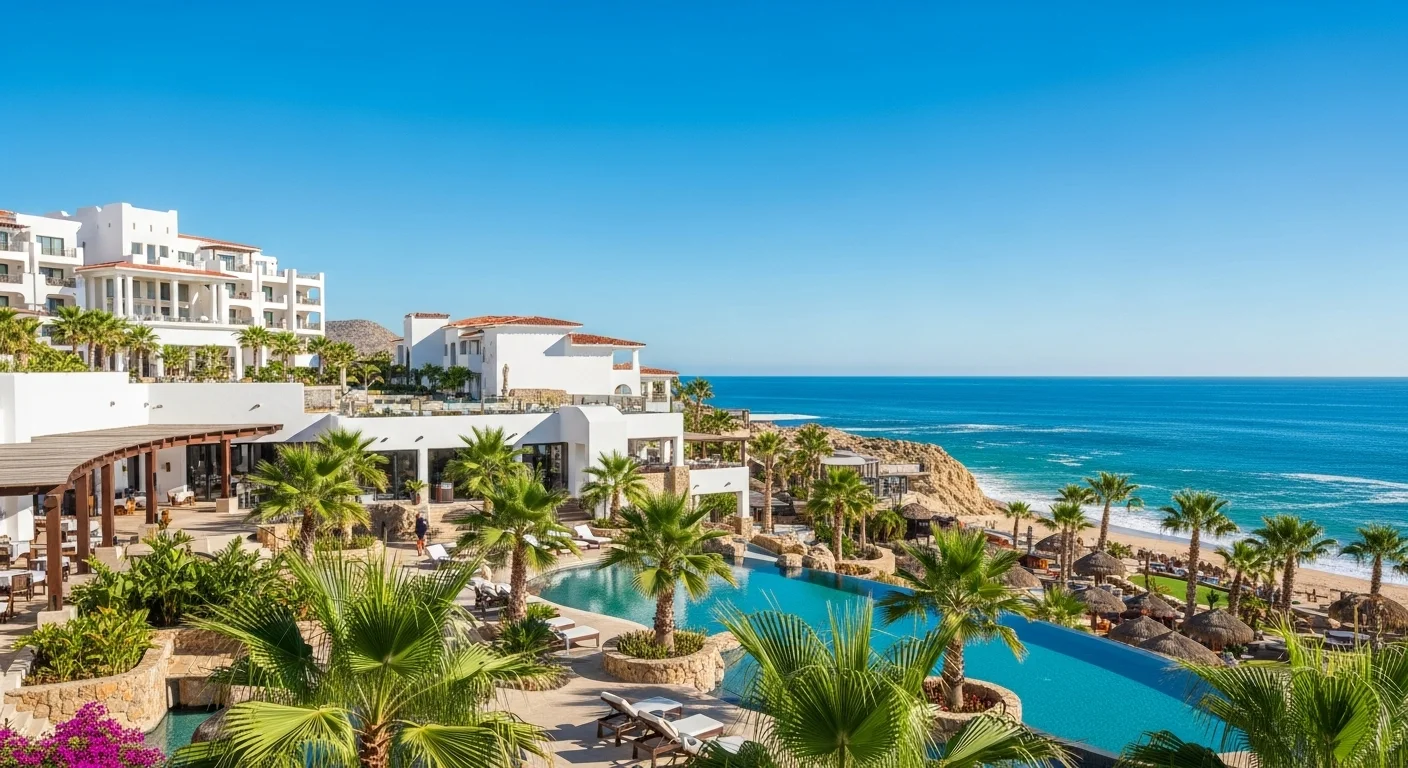 Paisaje mexicano moderno con elementos culturales y turísticos sobre Pueblo Bonito Pacifica Cabo