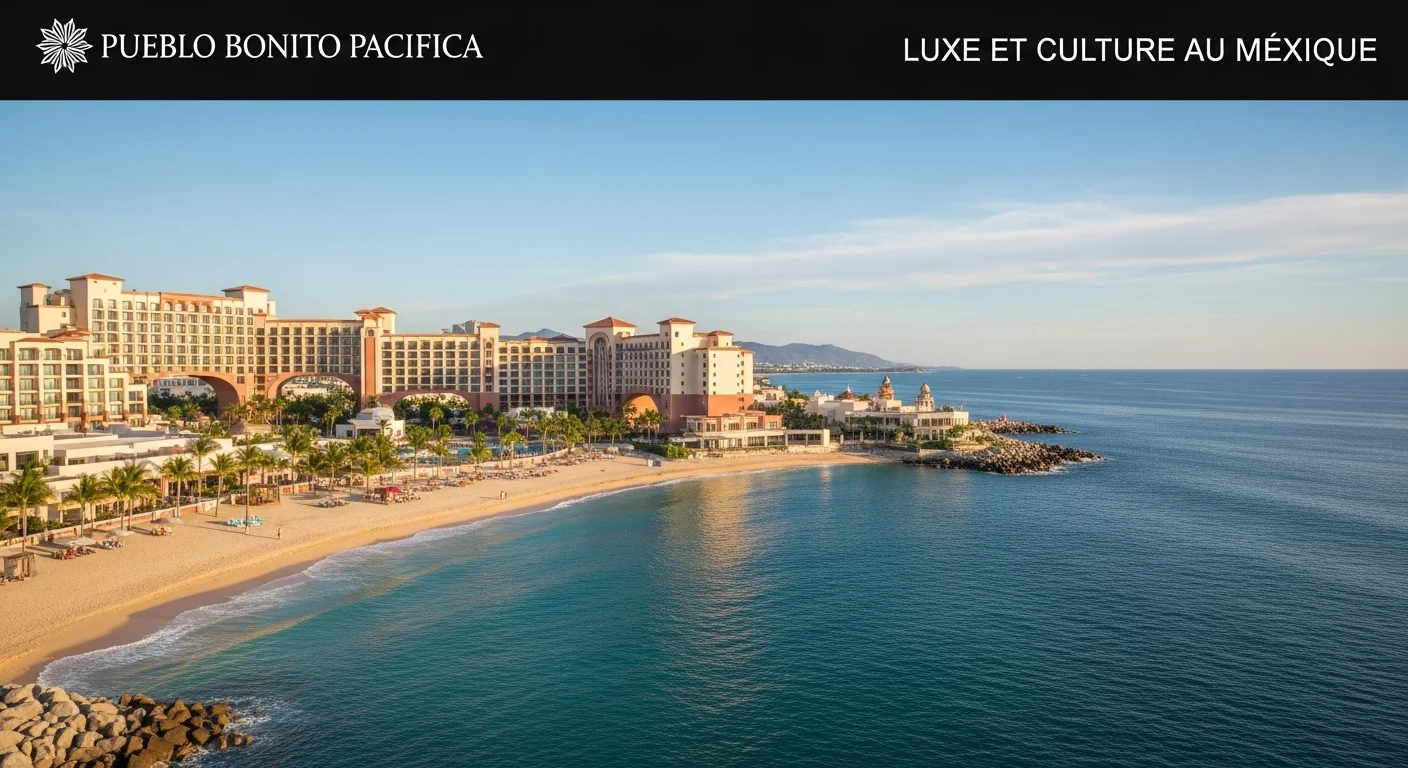 Paisaje mexicano moderno con elementos culturales y turísticos sobre Pueblo Bonito Pacifica