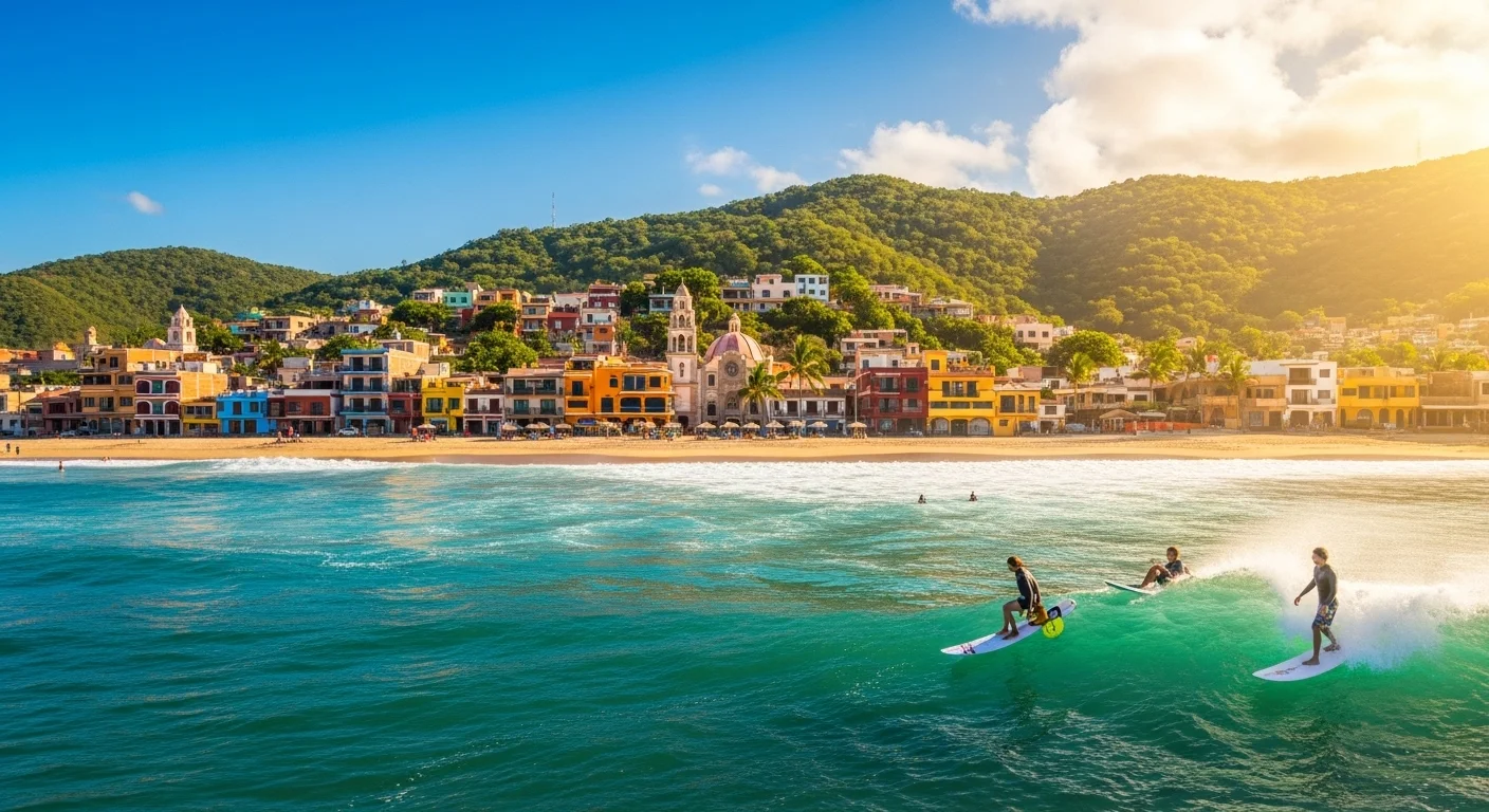 Paisaje mexicano moderno con elementos culturales y turísticos sobre Puerto Escondido