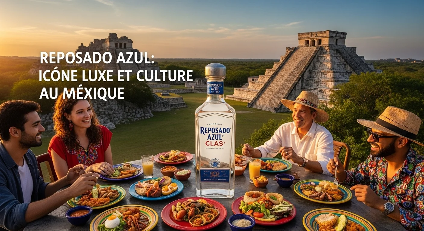 Paisaje mexicano moderno con elementos culturales y turísticos sobre Reposado Azul Clas