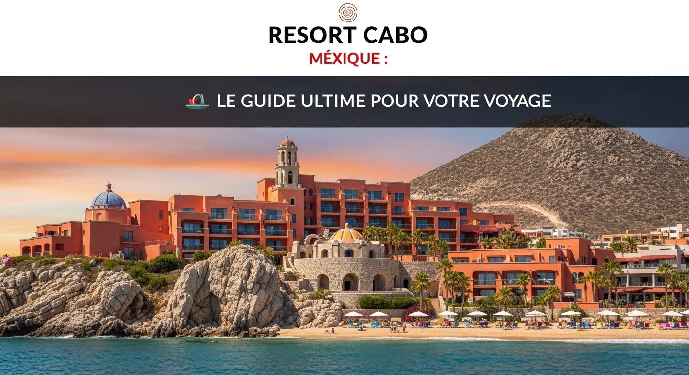 Paisaje mexicano moderno con elementos culturales y turísticos sobre Resort Cabo