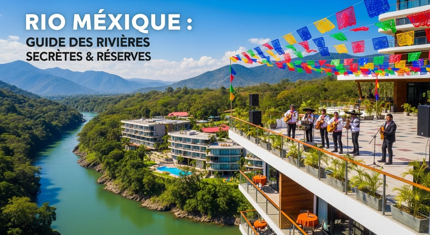 Paisaje mexicano moderno con elementos culturales y turísticos sobre Rio