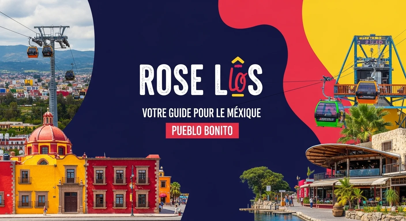 Paisaje mexicano moderno con elementos culturales y turísticos sobre Rose Los