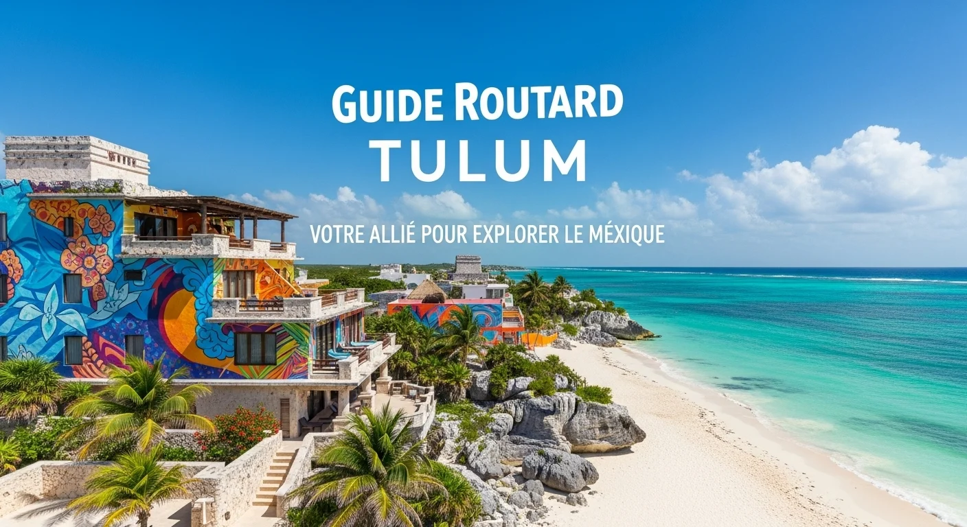 Paisaje mexicano moderno con elementos culturales y turísticos sobre Routard Tulum