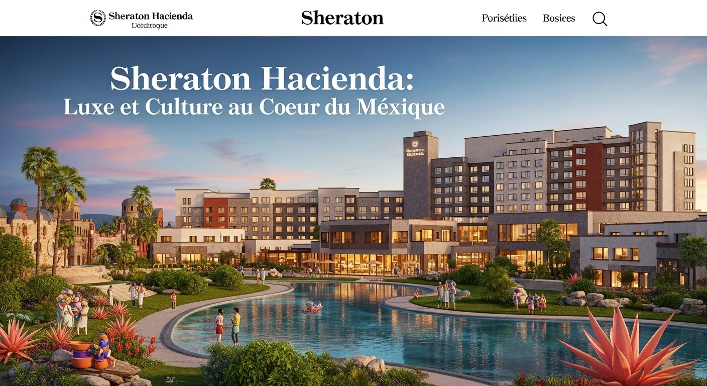 Paisaje mexicano moderno con elementos culturales y turísticos sobre Sheraton Hacienda