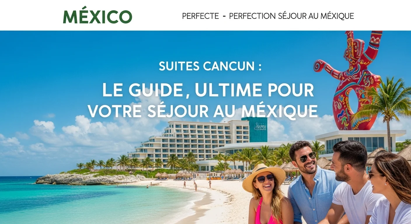 Paisaje mexicano moderno con elementos culturales y turísticos sobre Suites Cancun