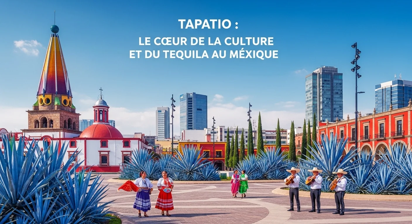 Paysage mexicain moderne avec des agaves bleus et l'architecture de Guadalajara, éléments culturels et touristiques sur Tapatio