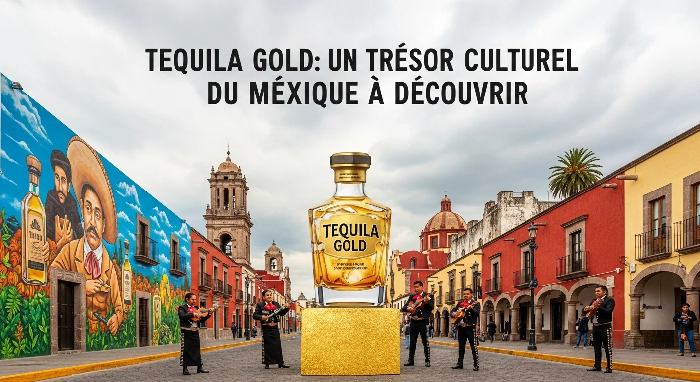 Paisaje mexicano moderno con elementos culturales y turísticos sobre Tequila Gold