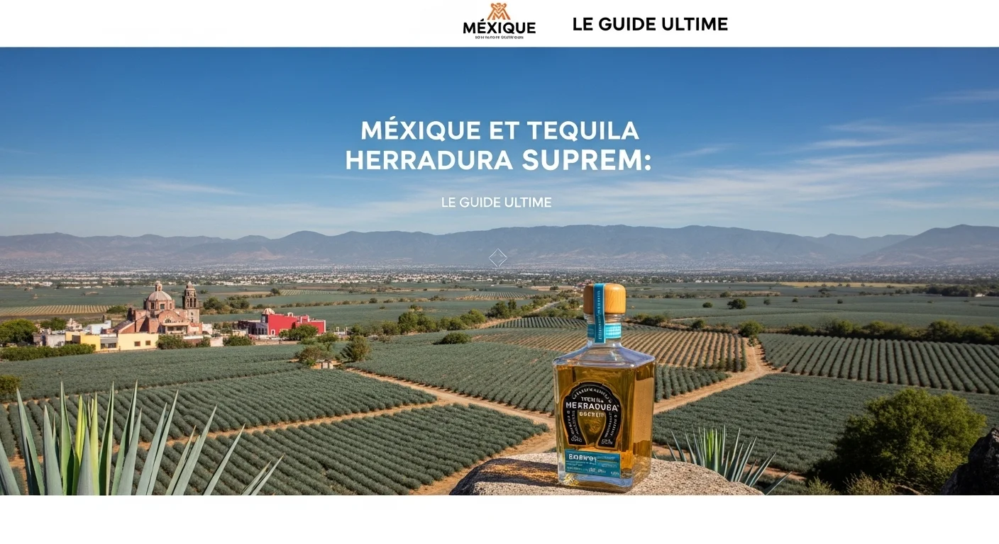 Paysage mexicain moderne avec des champs d'agave et une bouteille de Tequila Herradura Suprem