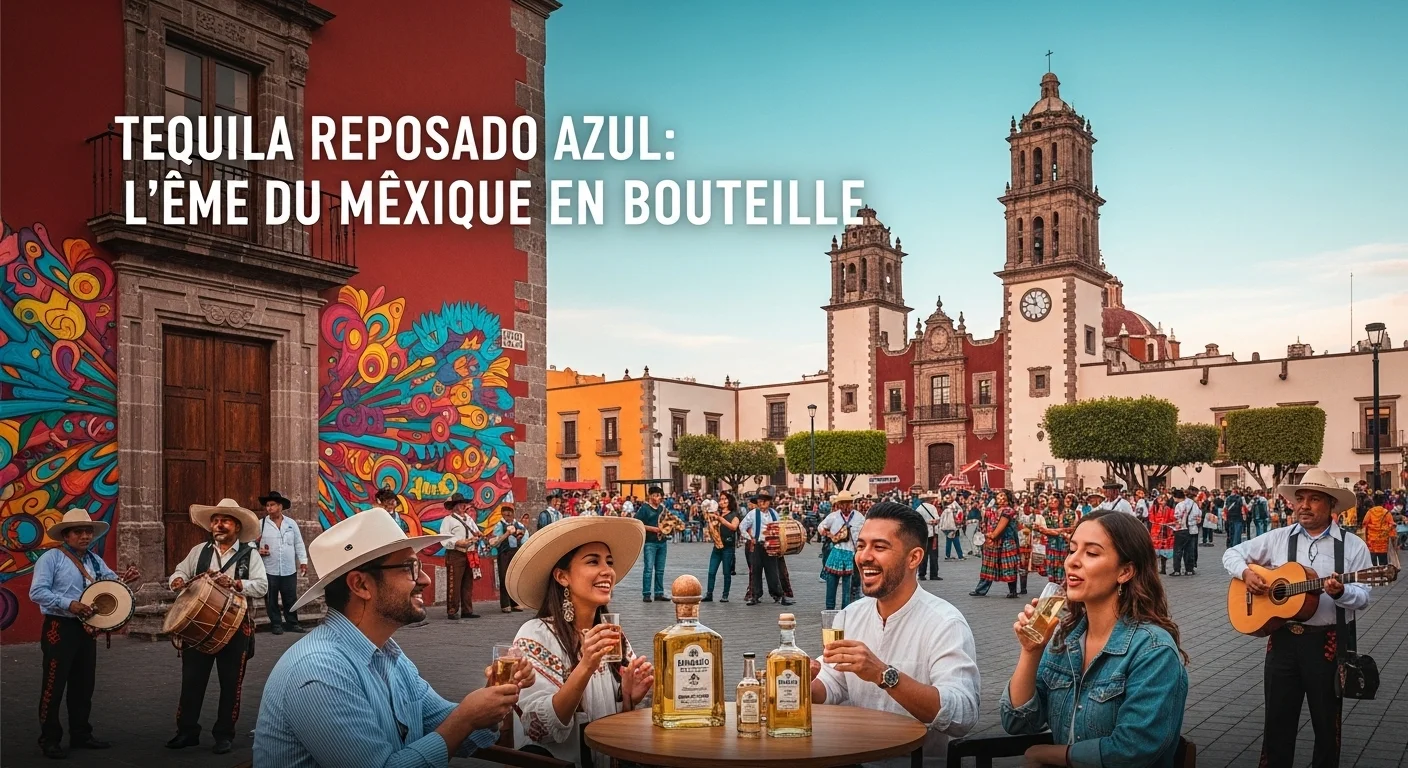 Paisaje mexicano moderno con elementos culturales y turísticos sobre Tequila Reposado Azul