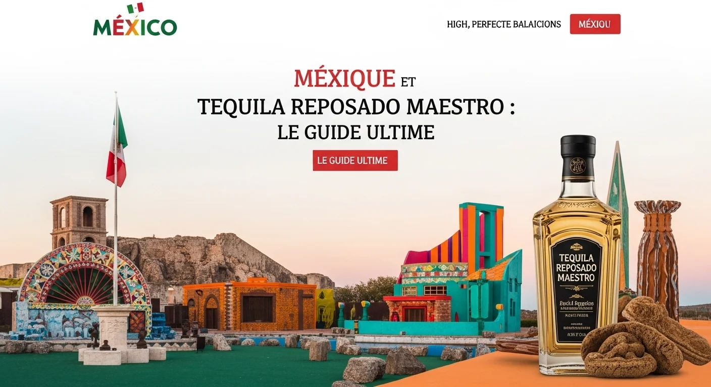 Paisaje mexicano moderno con elementos culturales y turísticos sobre Tequila Reposado Maestro