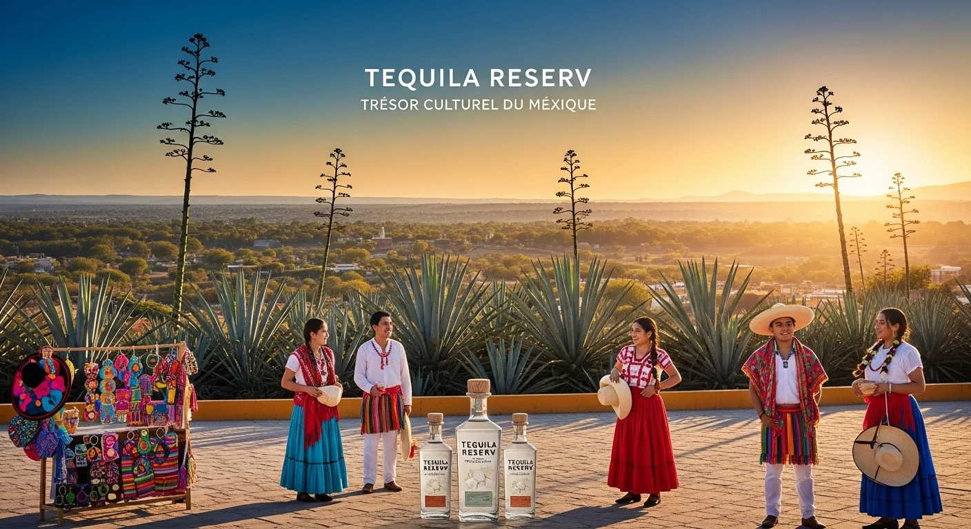 Paisaje mexicano moderno con elementos culturales y turísticos sobre Tequila Reserv