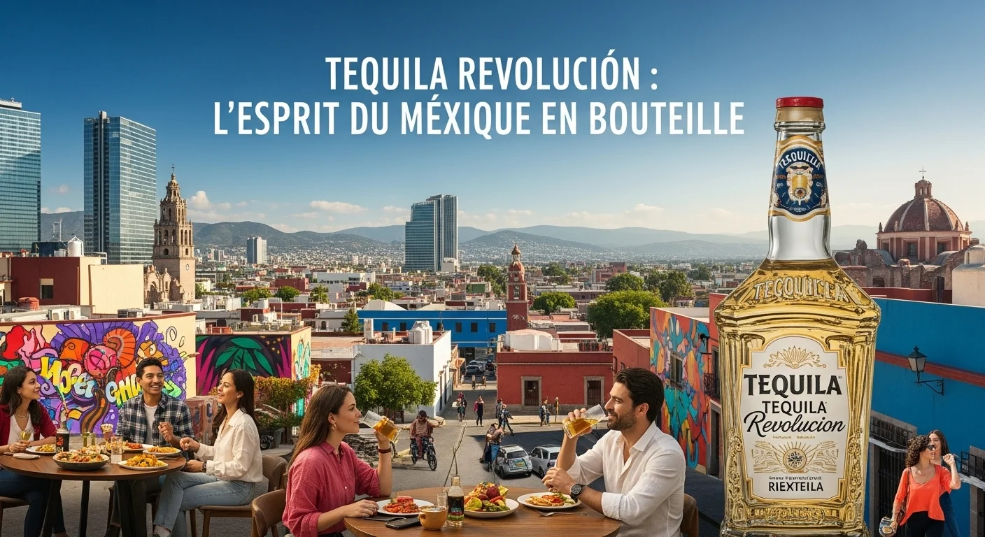 Paisaje mexicano moderno con elementos culturales y turísticos sobre Tequila Revolucion
