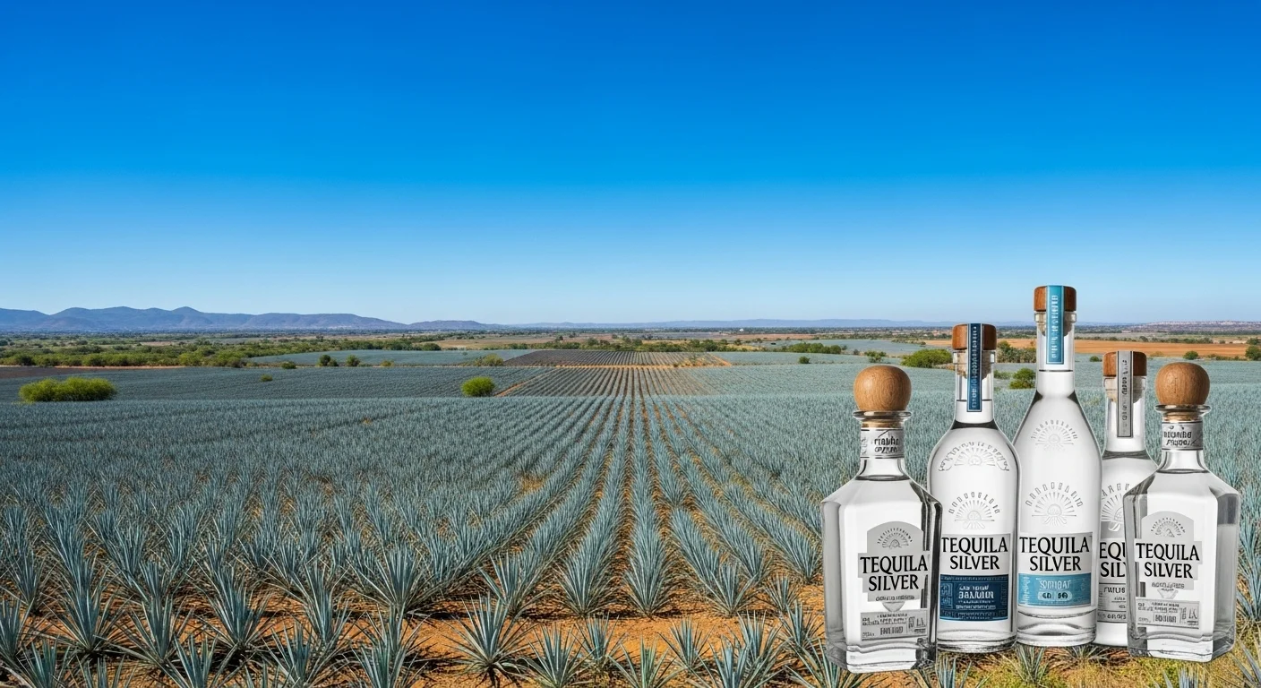 Paysage mexicain moderne avec des champs d'agave et des bouteilles de Tequila Silver.