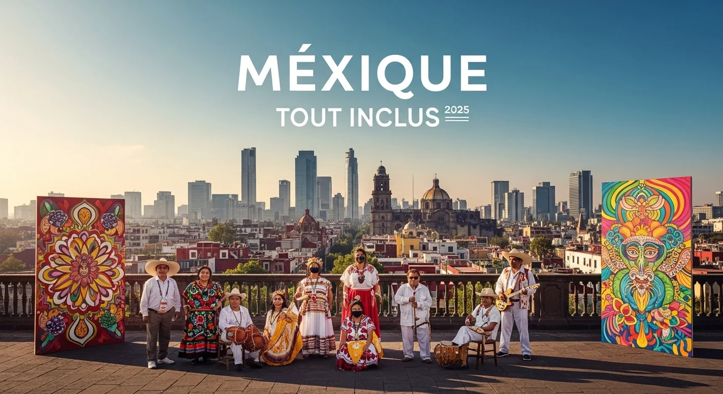 Paisaje mexicano moderno con elementos culturales y turísticos sobre Todo Incluido
