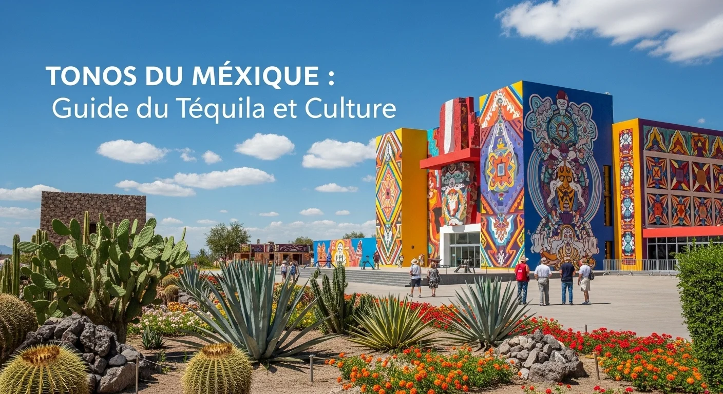 Paisaje mexicano moderno con elementos culturales y turísticos sobre Tonos