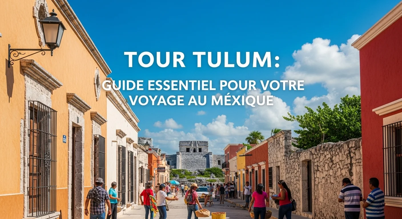 Paisaje mexicano moderno con elementos culturales y turísticos sobre Tour Tulum