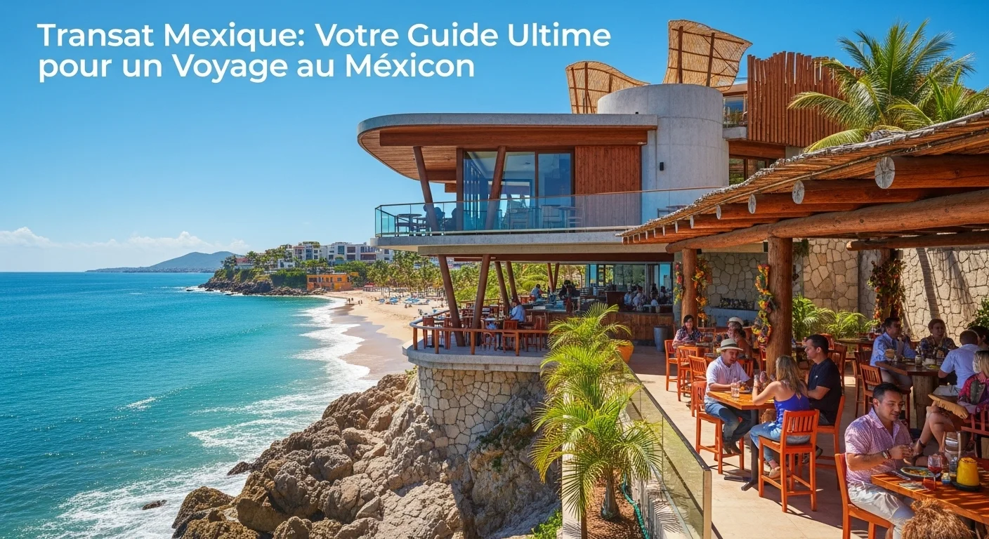 Paisaje mexicano moderno con elementos culturales y turísticos sobre Transat Mexique