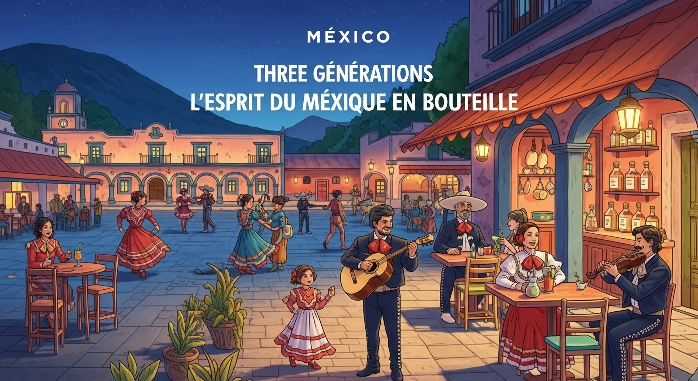 Paysaje mexicano moderno con elementos culturales y turísticos sobre Tres Generaciones