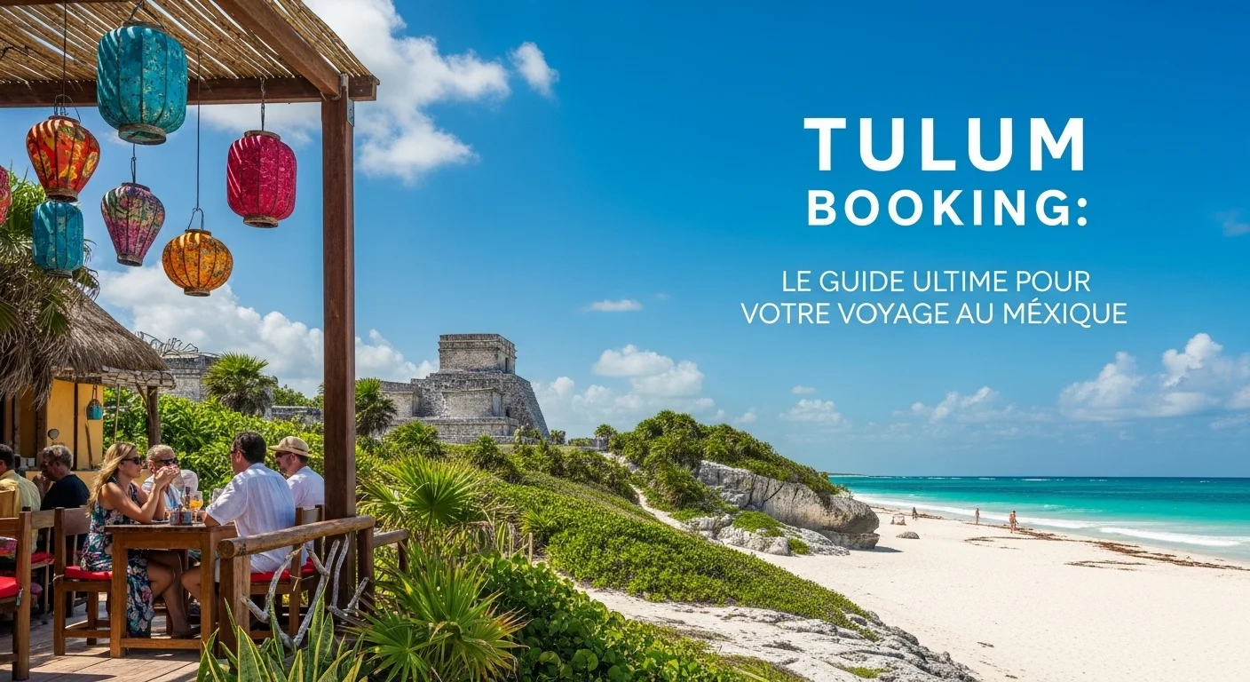 Paisaje mexicano moderno con elementos culturales y turísticos sobre Tulum Booking