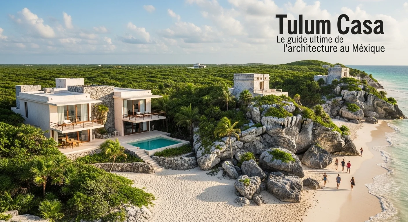 Paisaje mexicano moderno con elementos culturales y turísticos sobre Tulum Casa