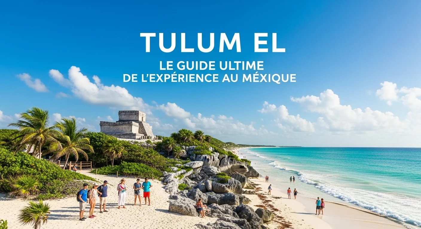 Paisaje mexicano moderno con elementos culturales y turísticos sobre Tulum El