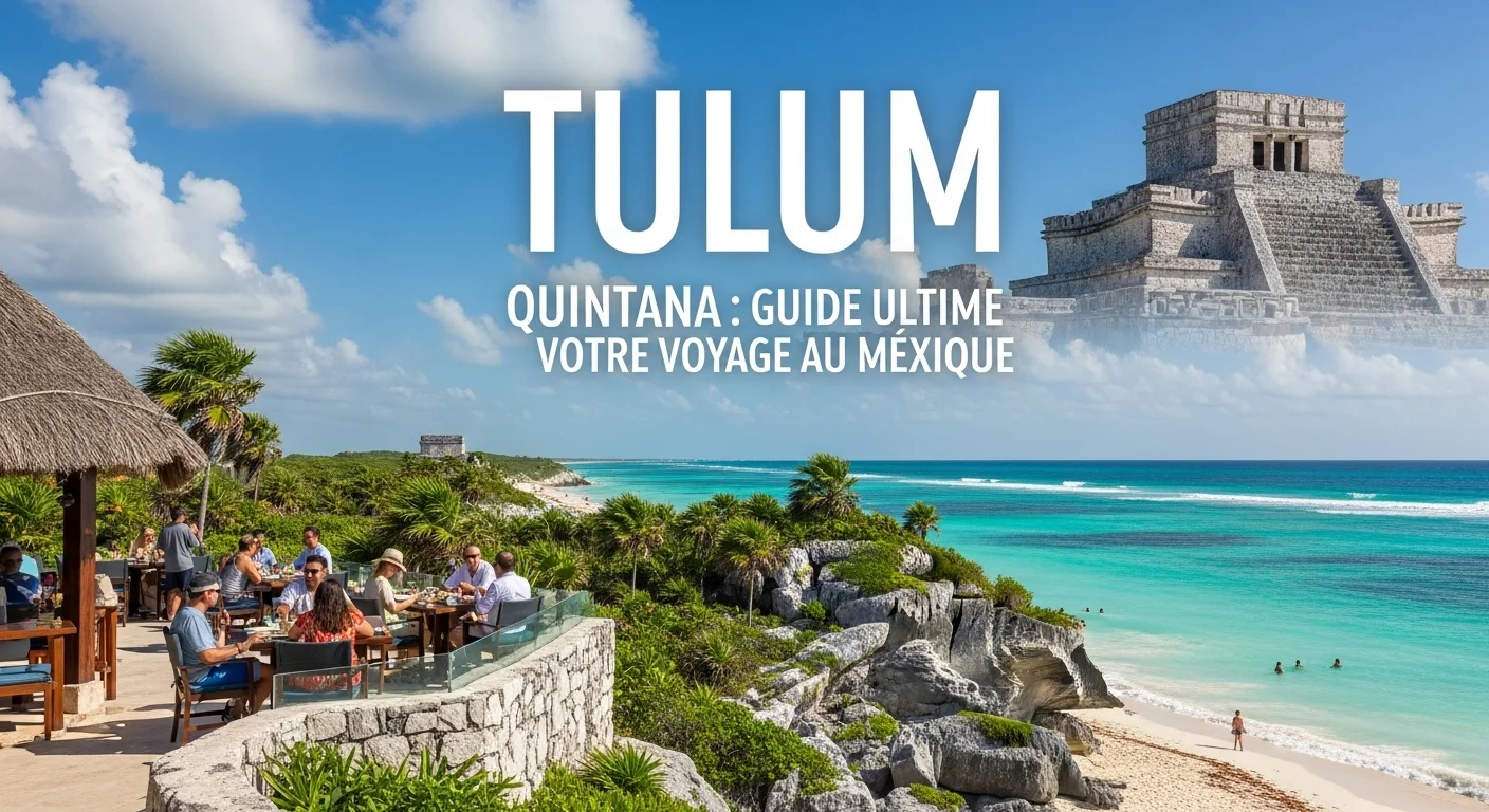 Paisaje mexicano moderno con elementos culturales y turísticos sobre Tulum Quintana
