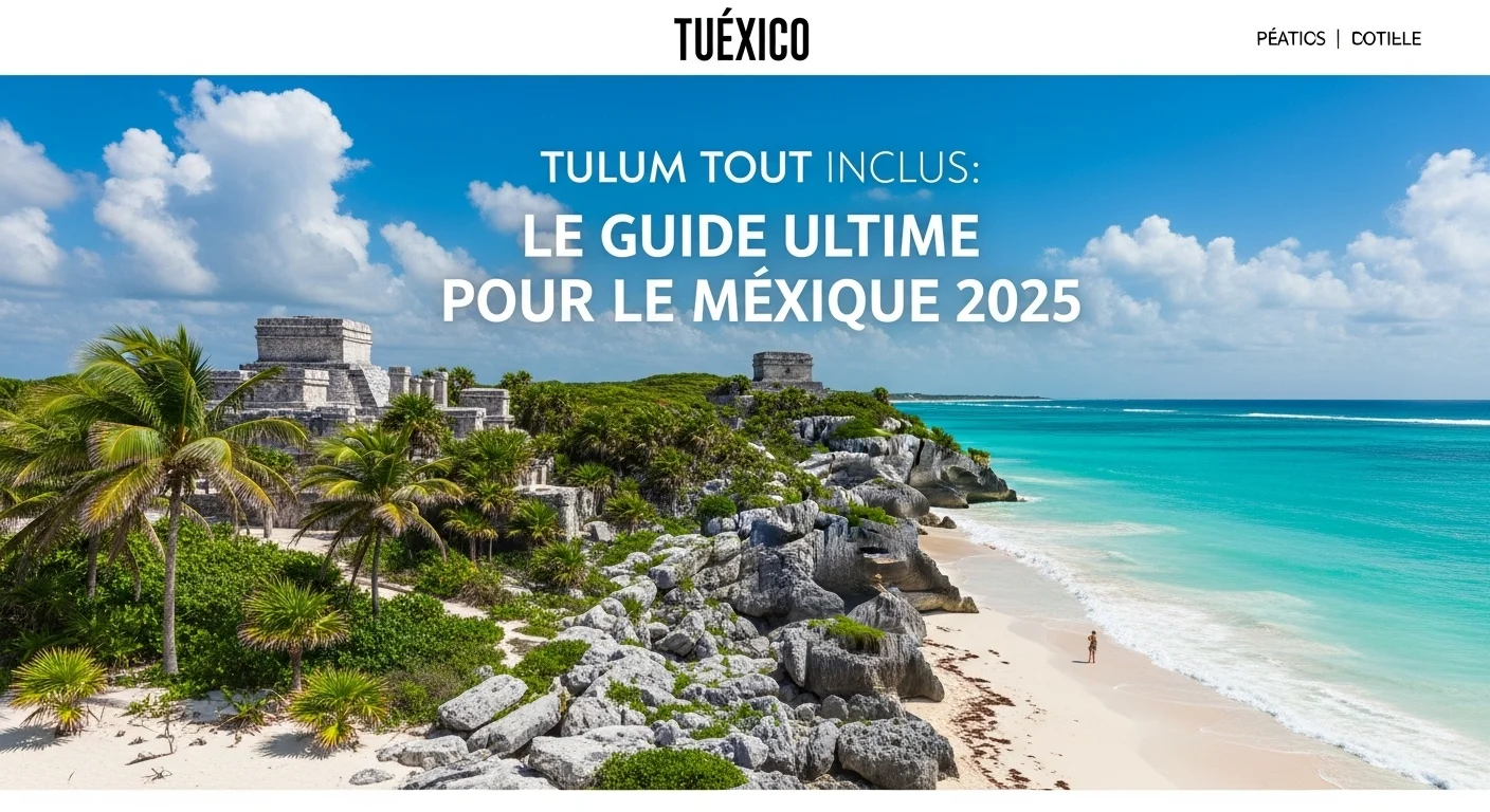Paisaje mexicano moderno con elementos culturales y turísticos sobre Tulum Tout