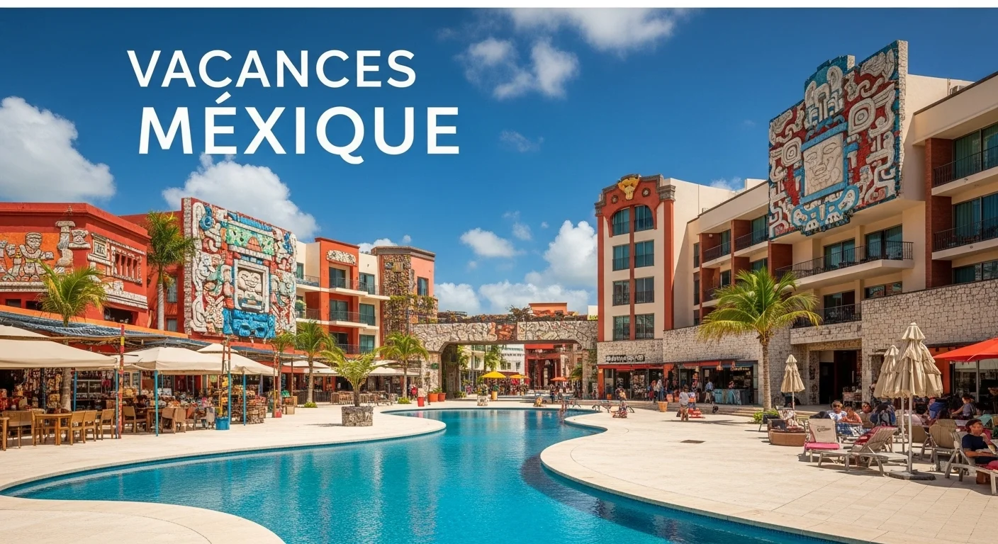 Paisaje mexicano moderno con elementos culturales y turísticos sobre Vacances Mexique