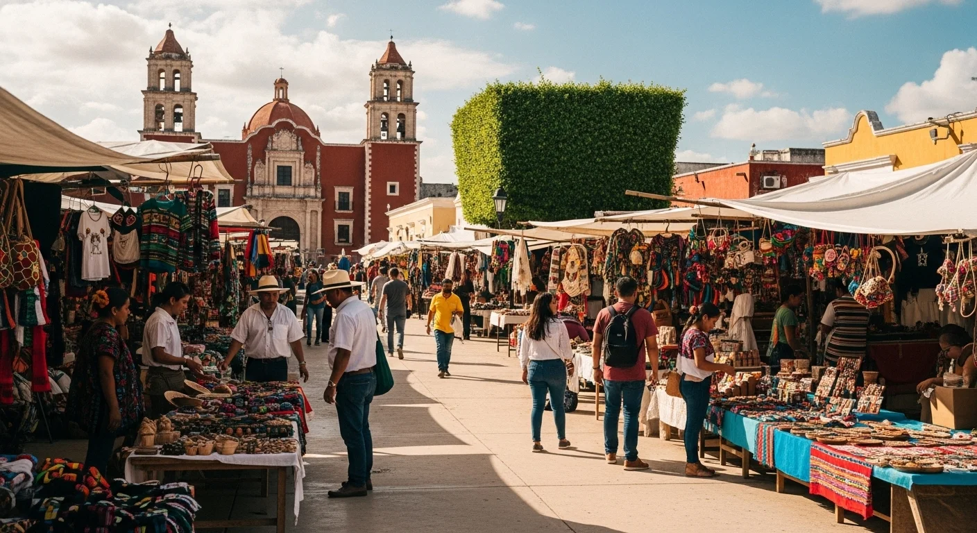 Paisaje mexicano moderno con elementos culturales y turísticos sobre Valladolid
