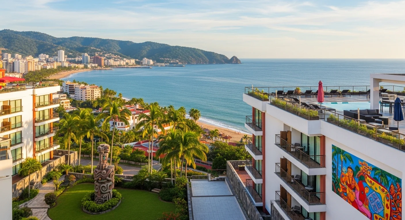 Paisaje mexicano moderno con elementos culturales y turísticos sobre Vallarta Mexique