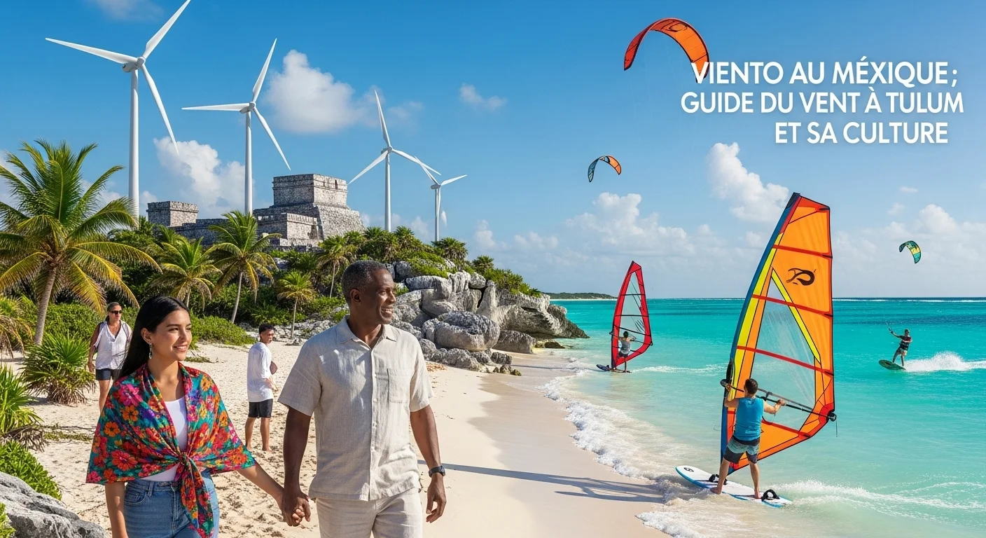 Paisaje mexicano moderno con elementos culturales y turísticos sobre Viento