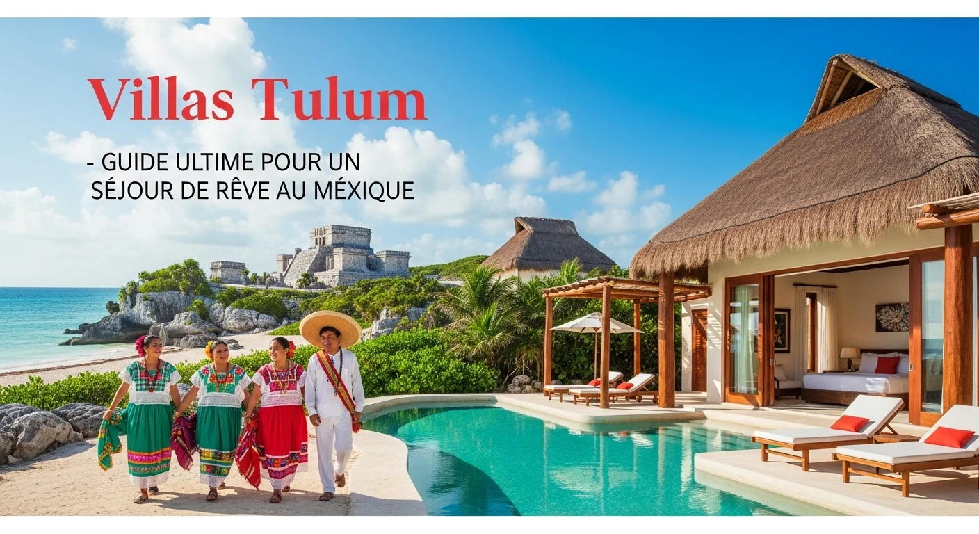 Paisaje mexicano moderno con elementos culturales y turísticos sobre Villas Tulum