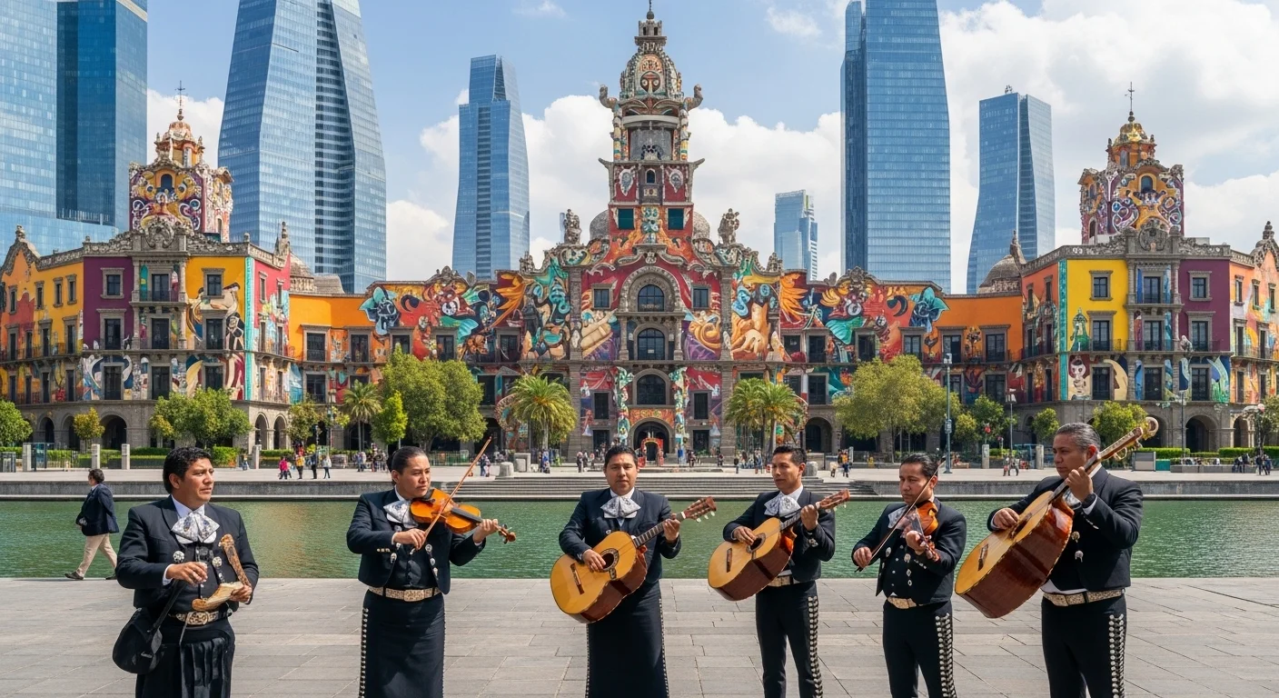 Paysaje mexicano moderno con elementos culturales y turísticos sobre Voces
