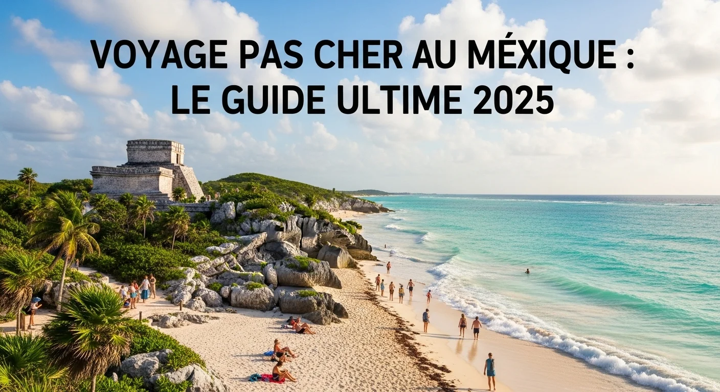 Paysage de la plage de Tulum au Mexique avec les ruines mayas, illustrant un voyage pas cher.